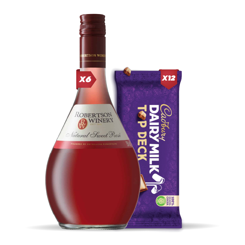 6x ROBERTSON NATURAL SWEET ROSE 750ML +12x Cadbury Dairy Milk Top Deck 80g